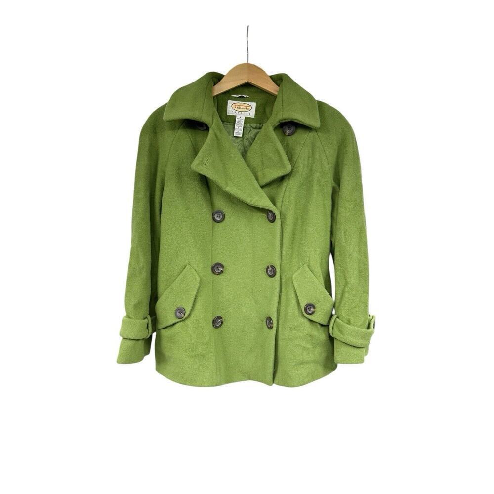 Vintage Talbots Pea Coat Womans Green 100% Wool Double Breast 4 Petite
